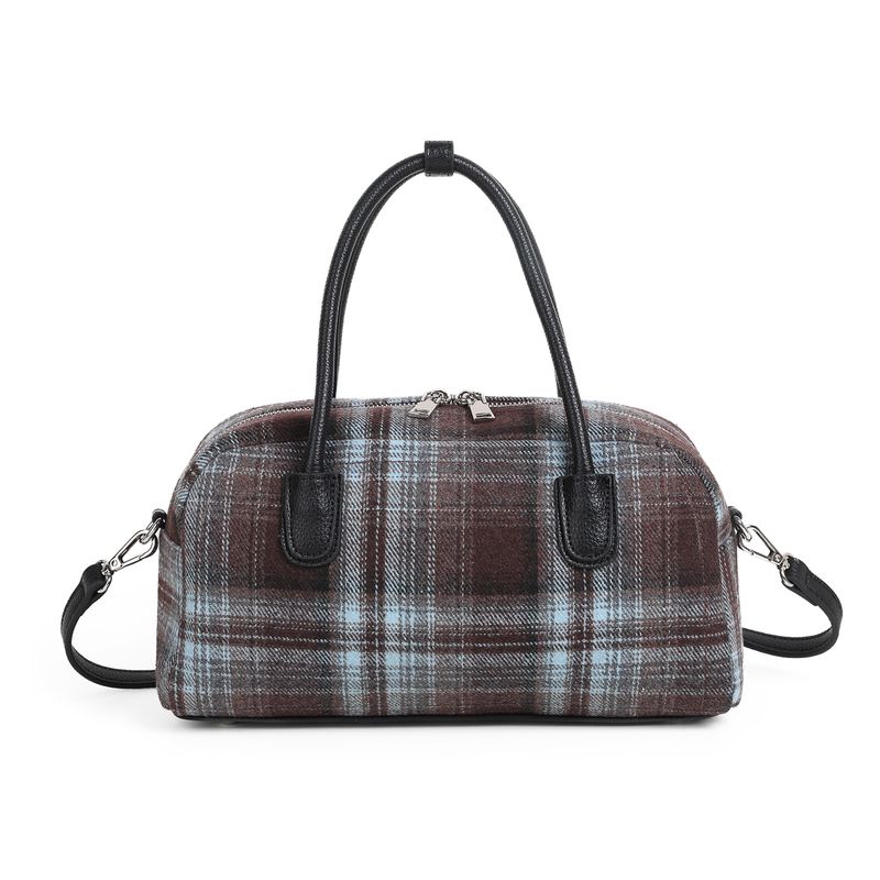 KARINE rutet bowler bag i filt og imitert skinn brun