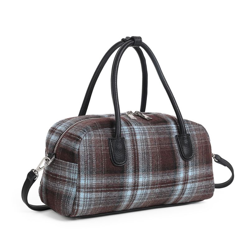 KARINE rutet bowler bag i filt og imitert skinn brun